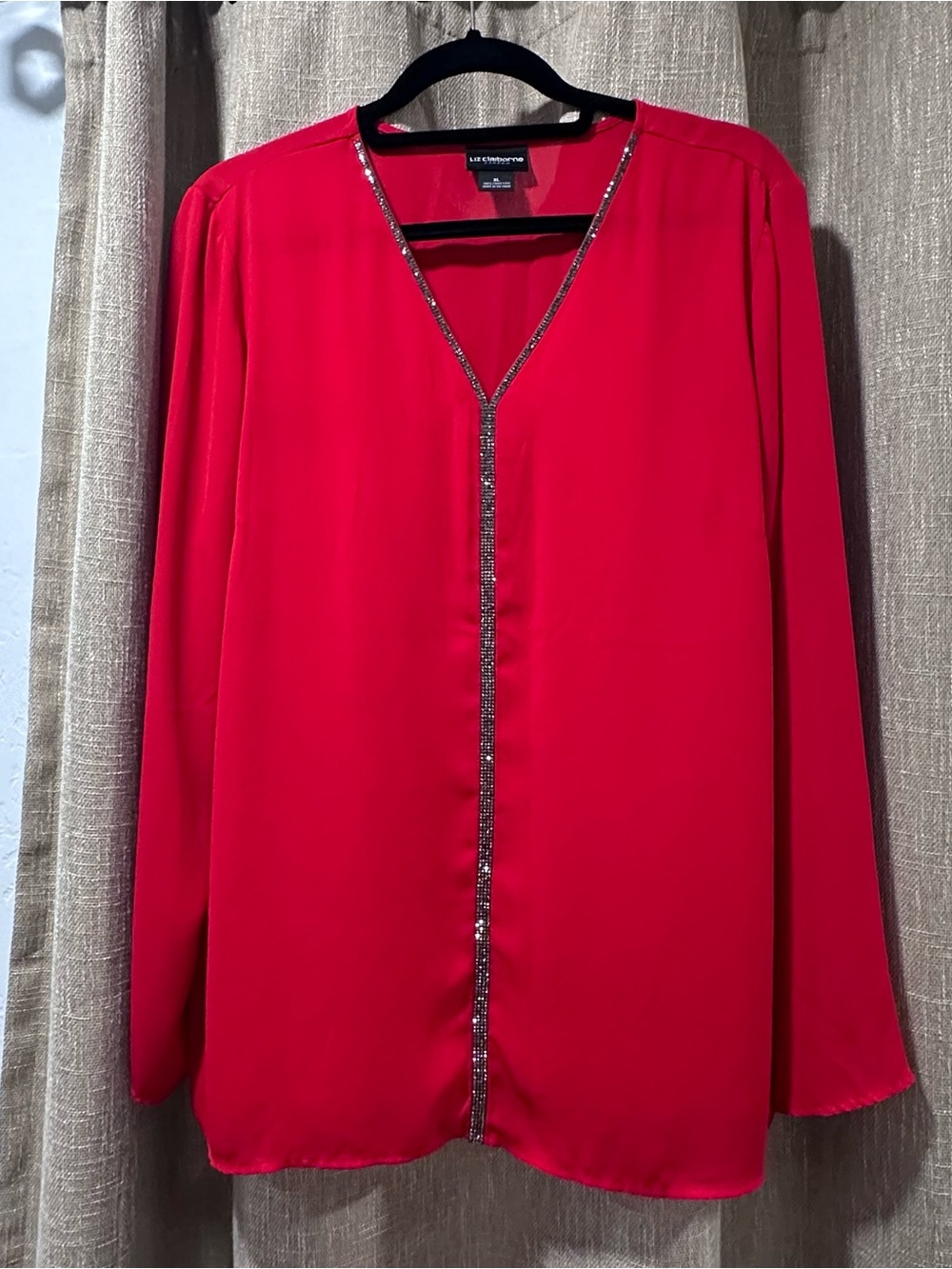 Bright Red Long-Sleeve V-Neck Blouse with Rhinestone Trim